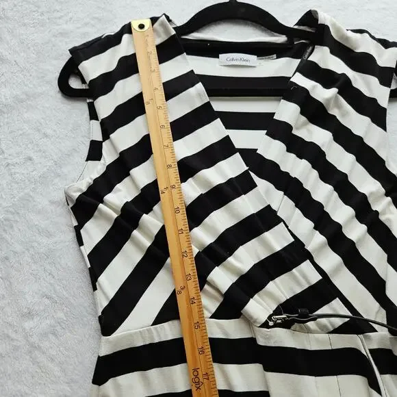 New Calvin Klein Size 6 Black White Striped Dress Belted Classic Chic Career - Picture 16 of 16